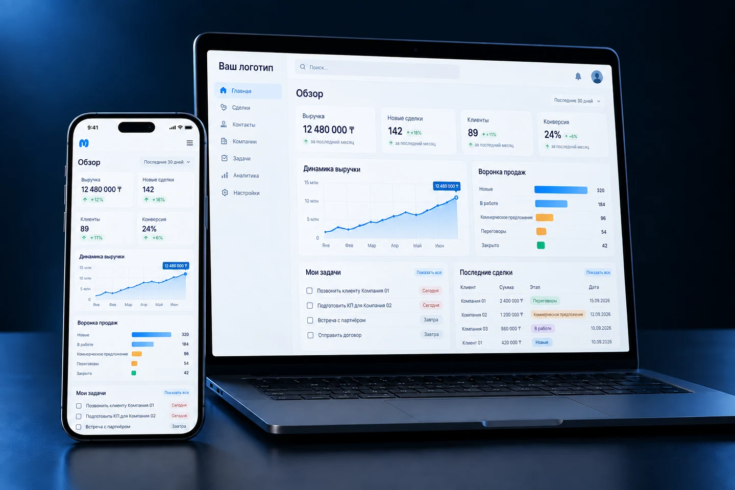 Концепция CRM на телефоне и ноутбуке: показатели компании доступны на разных экранах